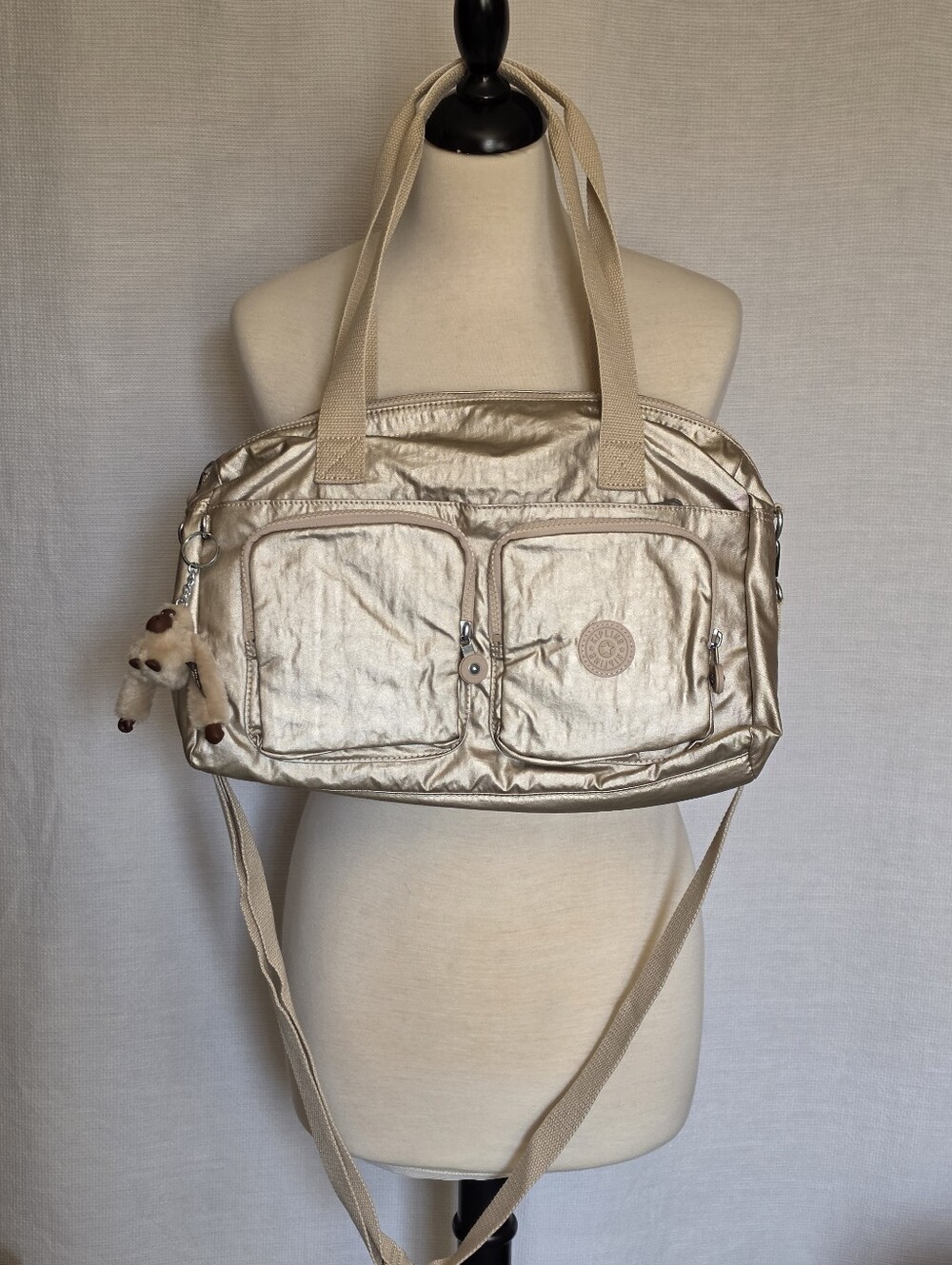 Kipling Cyrene Crossbody Shoulder Tote Bag Metallic Champagne Rose Monkey Charm